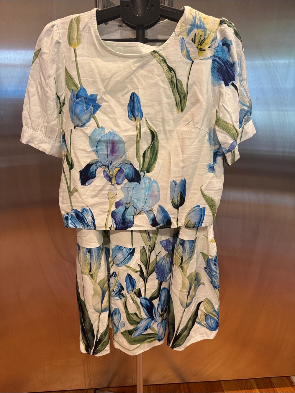 NWOT White Floral Two-Piece Set with Blue Tulip & Iris Print